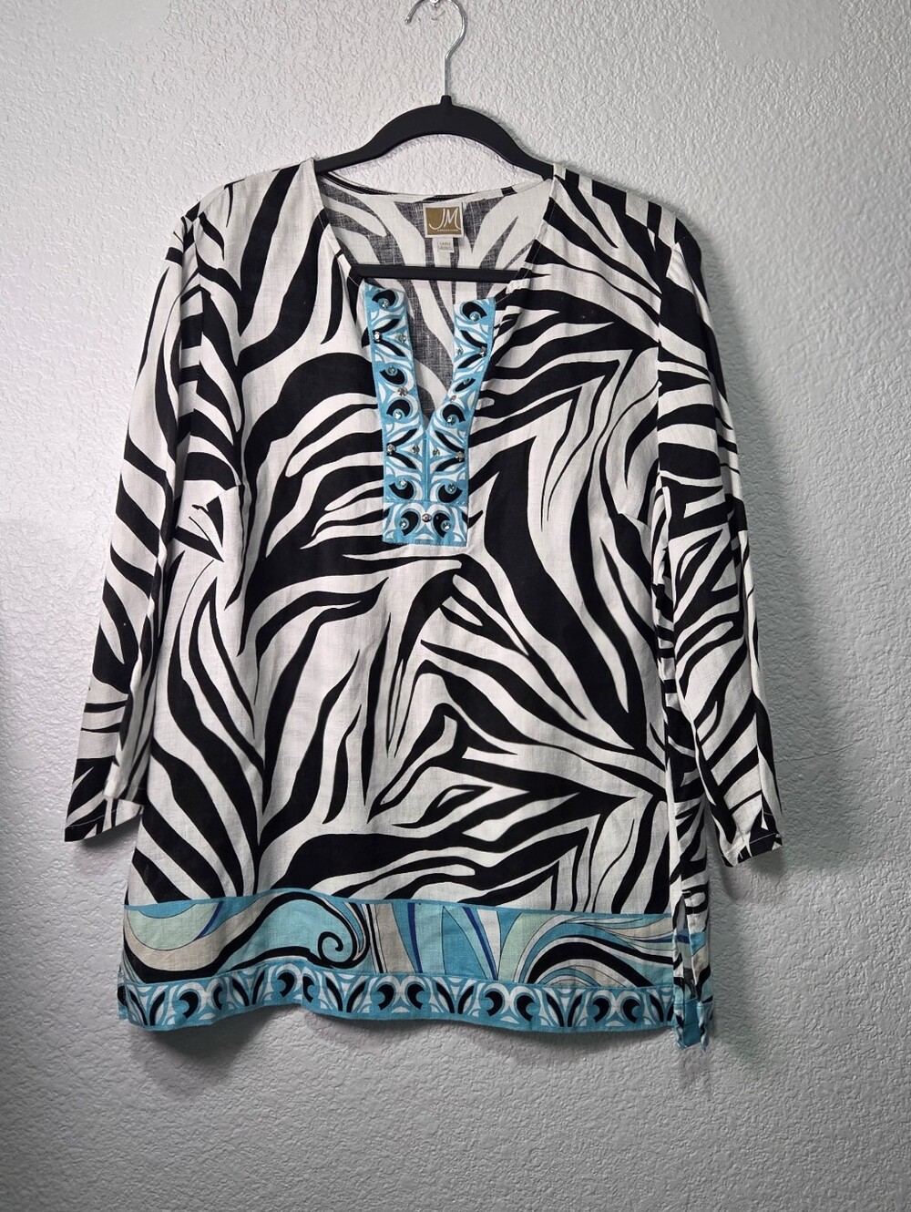 JM Collection 100% Linen 3/4 Sleeve Zebra Print Tunic Blouse Size Large